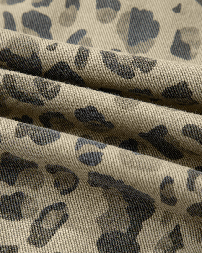 Khaki Retro Leopard Print Seam Detail Button Down Denim Jacket