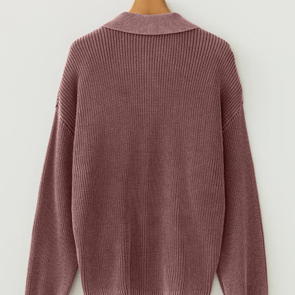Dark Brown Washed Knit Button Polo Collar Loose Sweater