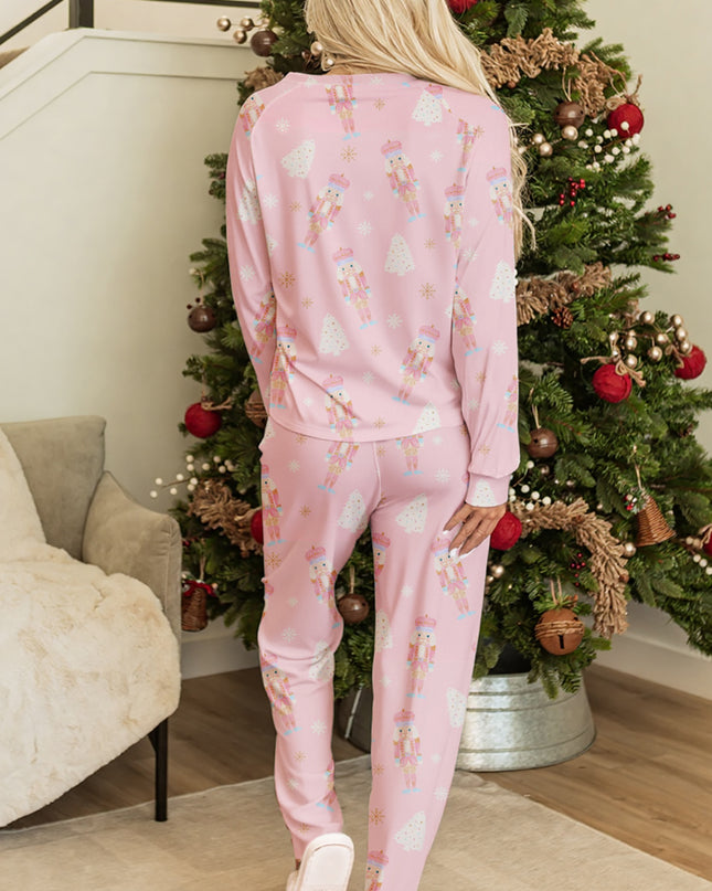Pink Christmas Tree Nutcracker Print 2pcs Lounge Pant Set