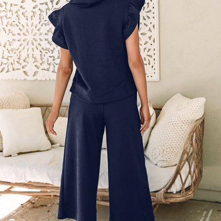 Black Textured Flutter Sleeve Top Wide Leg Pants Set