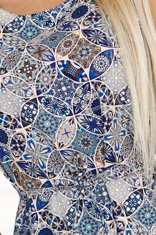 Blue Boho Trapeze Dress with Mediterranean Print – Victoria
