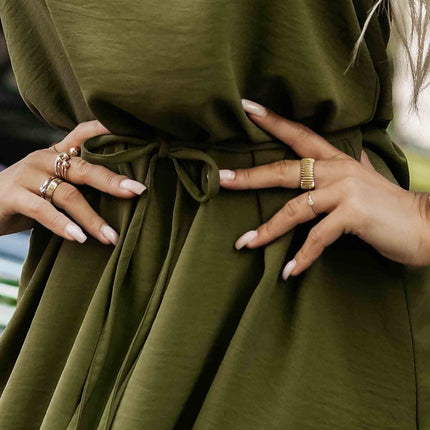 Khaki Sleeveless Trapeze Dress with Tie Waist – Victoria