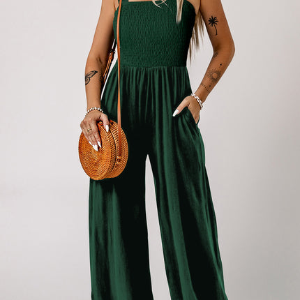 Ginger Smocked Sleeveless Wide Leg Jumpsuit with Pockets