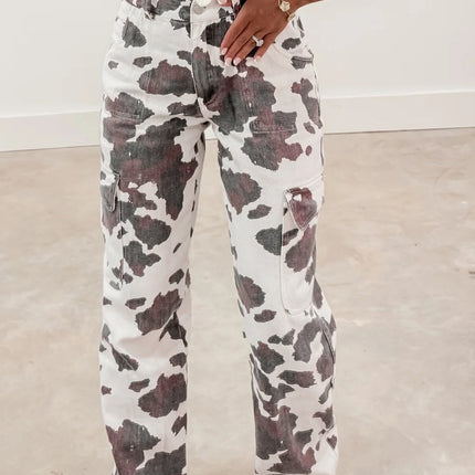 Brown Cow Spots Printed Multi Pocketed Jeans