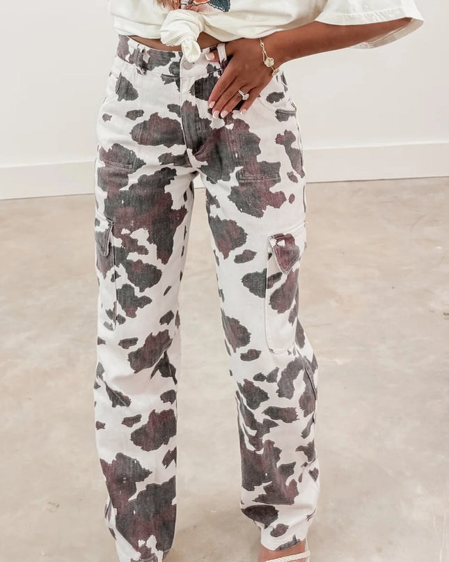 Brown Cow Spots Printed Multi Pocketed Jeans