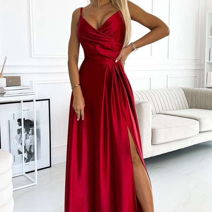 299-14 CHIARA elegant satin maxi dress with straps - red color