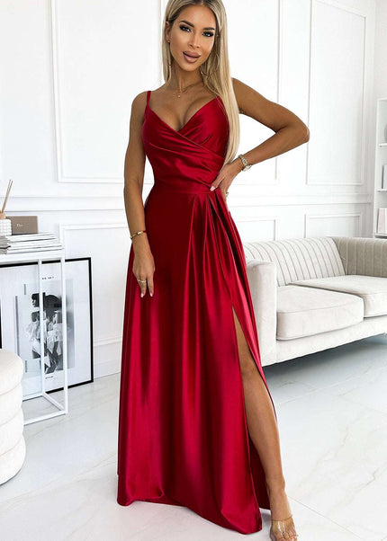 299-14 CHIARA elegant satin maxi dress with straps - red color