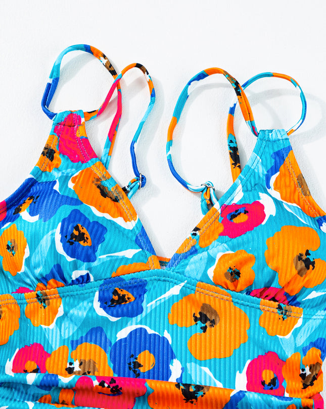 Sky Blue Adjustable Straps Ribbed Knit One Piece Swimsuit