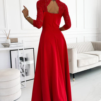 Red Lace Long Dress with Neckline and Leg Slit – Amber