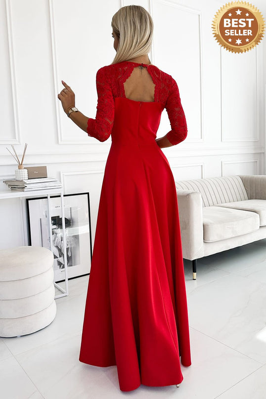 309-8 AMBER lace, elegant long dress with a neckline and leg slit - red