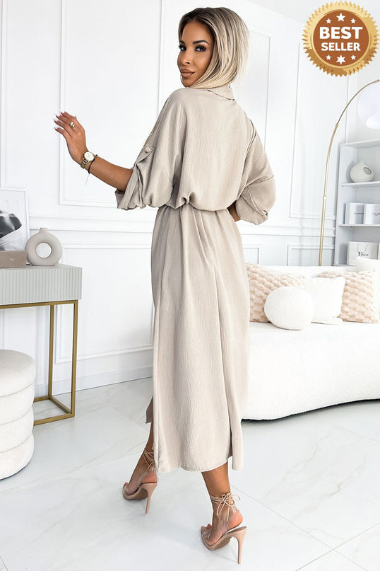 531-1 Midi shirt dress with gold buttons and ties - beige