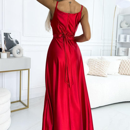 512-5 JULIET elegant long satin dress with a neckline and leg slit - red