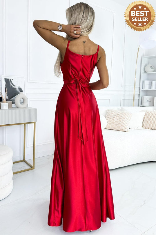 512-5 JULIET elegant long satin dress with a neckline and leg slit - red