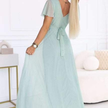 Pistachio Long Shimmering Dress with Neckline and Short Sleeve – Melania