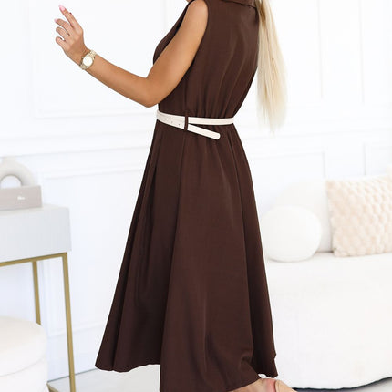Chocolate Midi Shirt Dress with Gold Buttons and Belt – Elegant