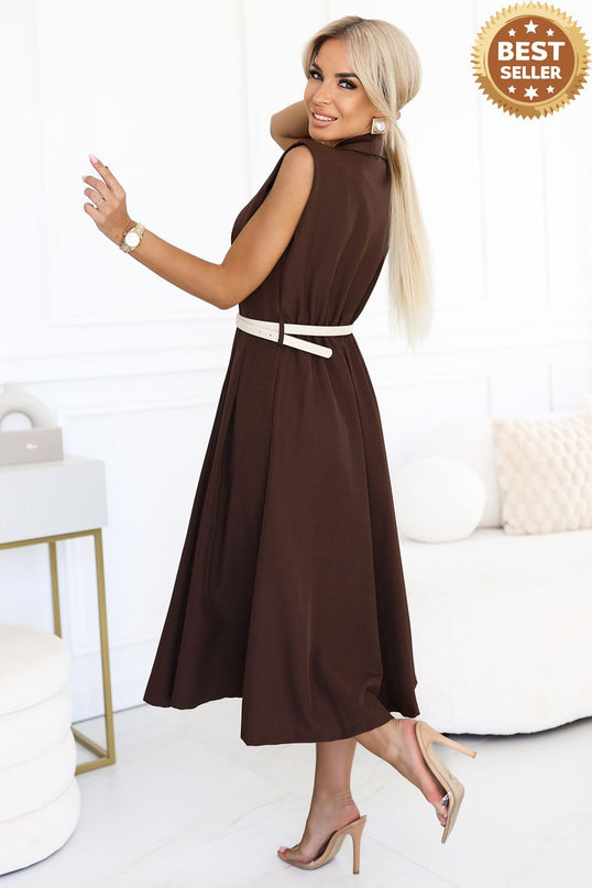 596-4 Elegant midi shirt dress with gold buttons and belt - chocolate
