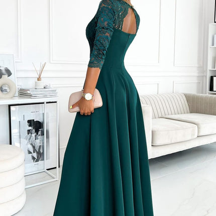 Elegant Green Lace Long Dress with Neckline – Amber