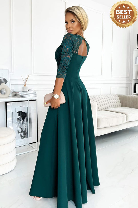 309-5 AMBER elegant lace long dress with a neckline - green