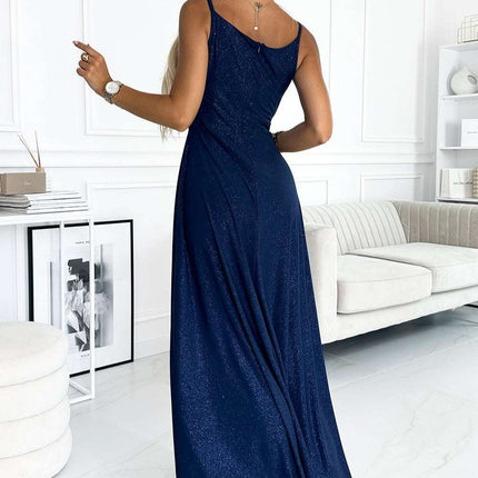 Dark Blue Glitter Maxi Dress with Straps – Chiara