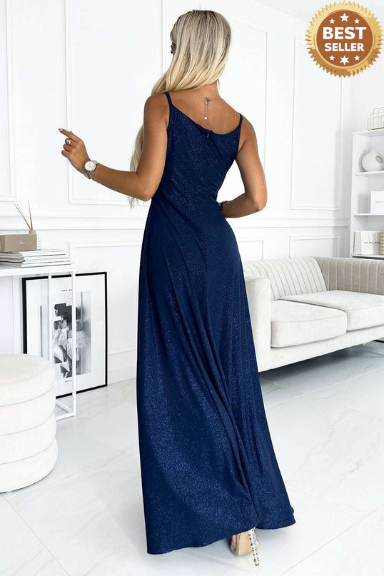 299-10 CHIARA elegant maxi dress with straps - dark blue with glitter