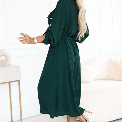 Green Midi Shirt Dress with Gold Buttons and Tie Detail