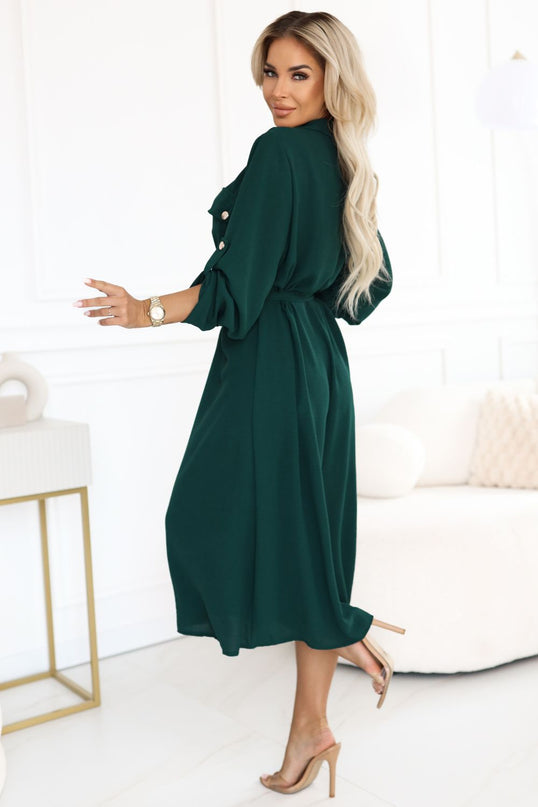 Green Midi Shirt Dress with Gold Buttons and Tie Detail