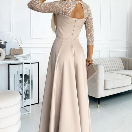 Beige Lace Long Dress with Neckline and Leg Slit – Amber