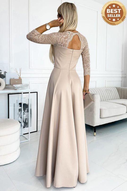 309-10 AMBER lace, elegant long dress with a neckline and leg slit - beige