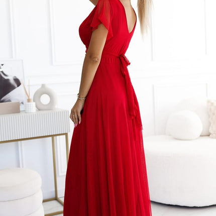 Red Long Dress with Neckline and Short Sleeves – Nastia