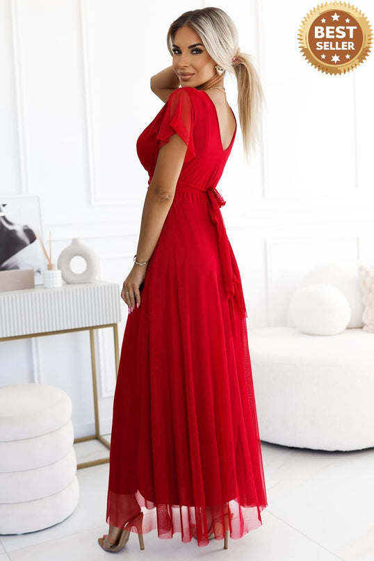 562-7 NASTIA Long dress with a neckline and short sleeves - red