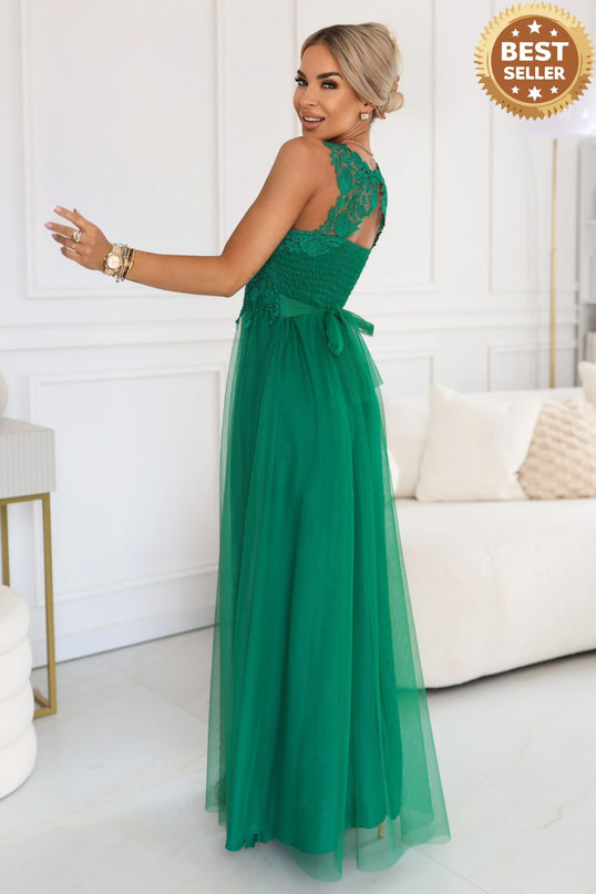 672-3 Romantic maxi wedding dress with embroidered lace and tulle - green
