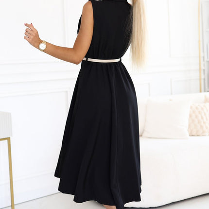 596-3 Elegant midi shirt dress with gold buttons and belt - black