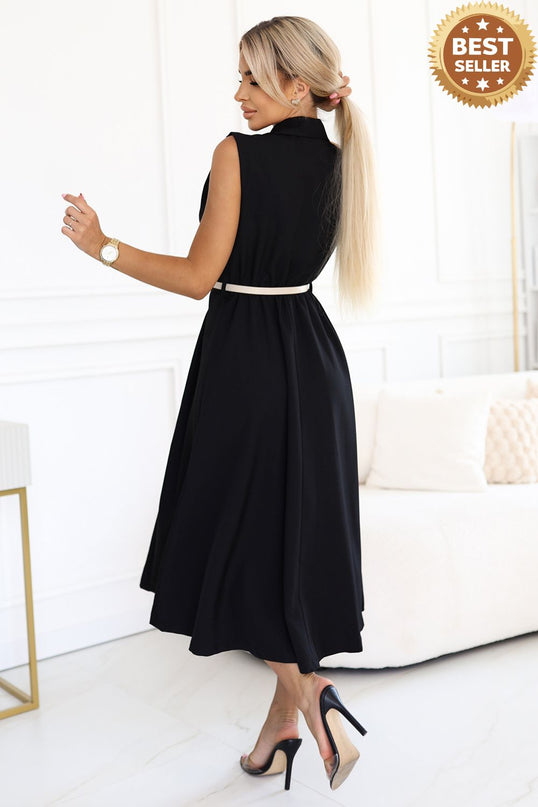 596-3 Elegant midi shirt dress with gold buttons and belt - black