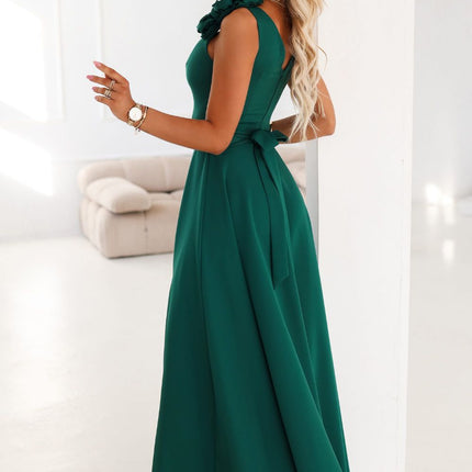 Bottle Green Maxi Dress with Slit and Roses – Elegant Evening