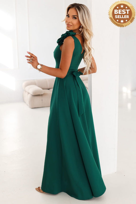 643-1 Elegant evening maxi dress with a slit and roses - bottle green