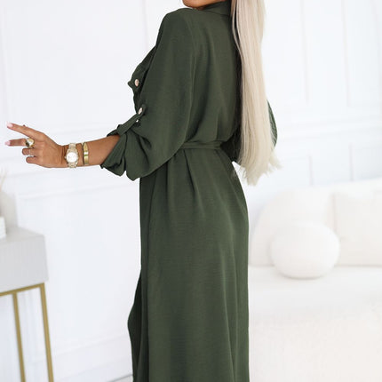 Khaki Midi Shirt Dress with Gold Buttons and Tie