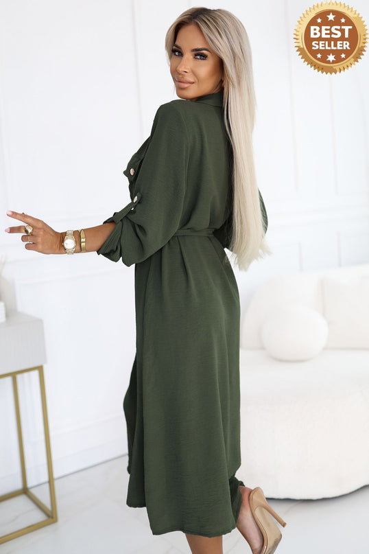 Khaki Midi Shirt Dress with Gold Buttons and Tie