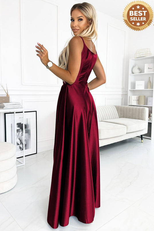 299-13 CHIARA elegant satin maxi dress with straps - Burgundy color