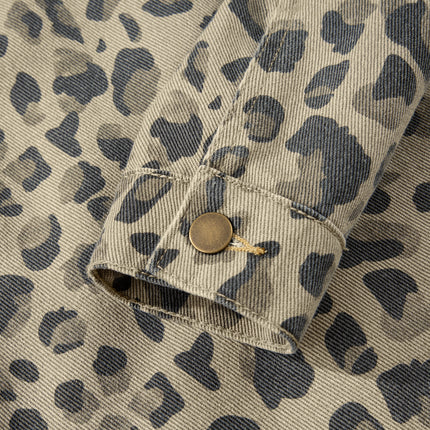 Khaki Retro Leopard Print Seam Detail Button Down Denim Jacket
