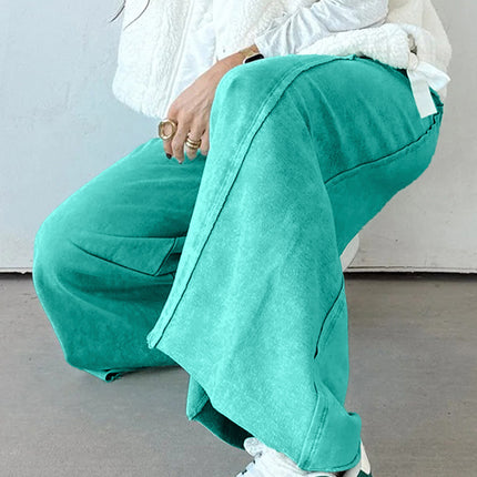 Sea Green Drawstring Elastic Waist Raw Hem Loose Pants