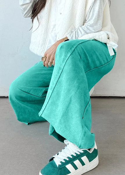 Sea Green Drawstring Elastic Waist Raw Hem Loose Pants