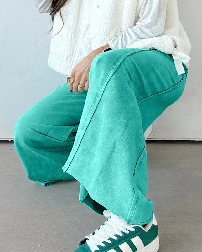 Sea Green Drawstring Elastic Waist Raw Hem Loose Pants