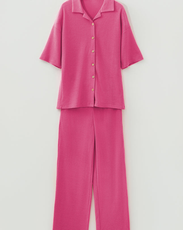 Rose Red Solid Color Textured Buttoned Shirt and Casual Pants Set