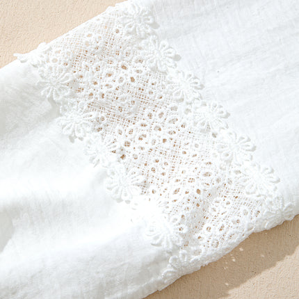 White Solid Color Floral Guipure Patchwork Frilled Long Sleeve Blouse