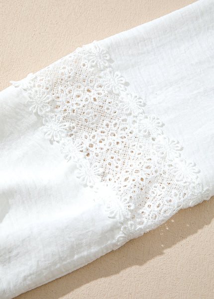 White Solid Color Floral Guipure Patchwork Frilled Long Sleeve Blouse