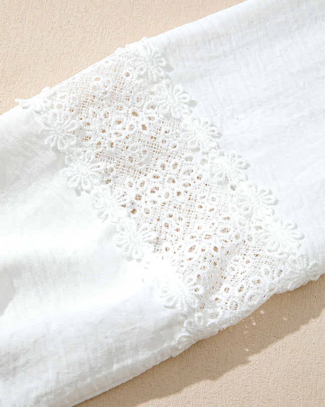 White Solid Color Floral Guipure Patchwork Frilled Long Sleeve Blouse