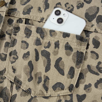 Khaki Retro Leopard Print Seam Detail Button Down Denim Jacket