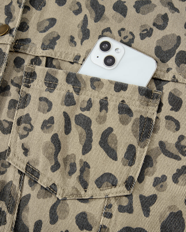 Khaki Retro Leopard Print Seam Detail Button Down Denim Jacket