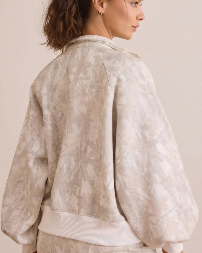 White Abstract Woodland Print Balloon Sleeve Pullover Drawstring Mini Skort Set