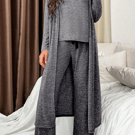 Dark Grey 3pcs V Neck T Shirt Ribbon Knot Pants Open Duster 3pcs Lounge Set